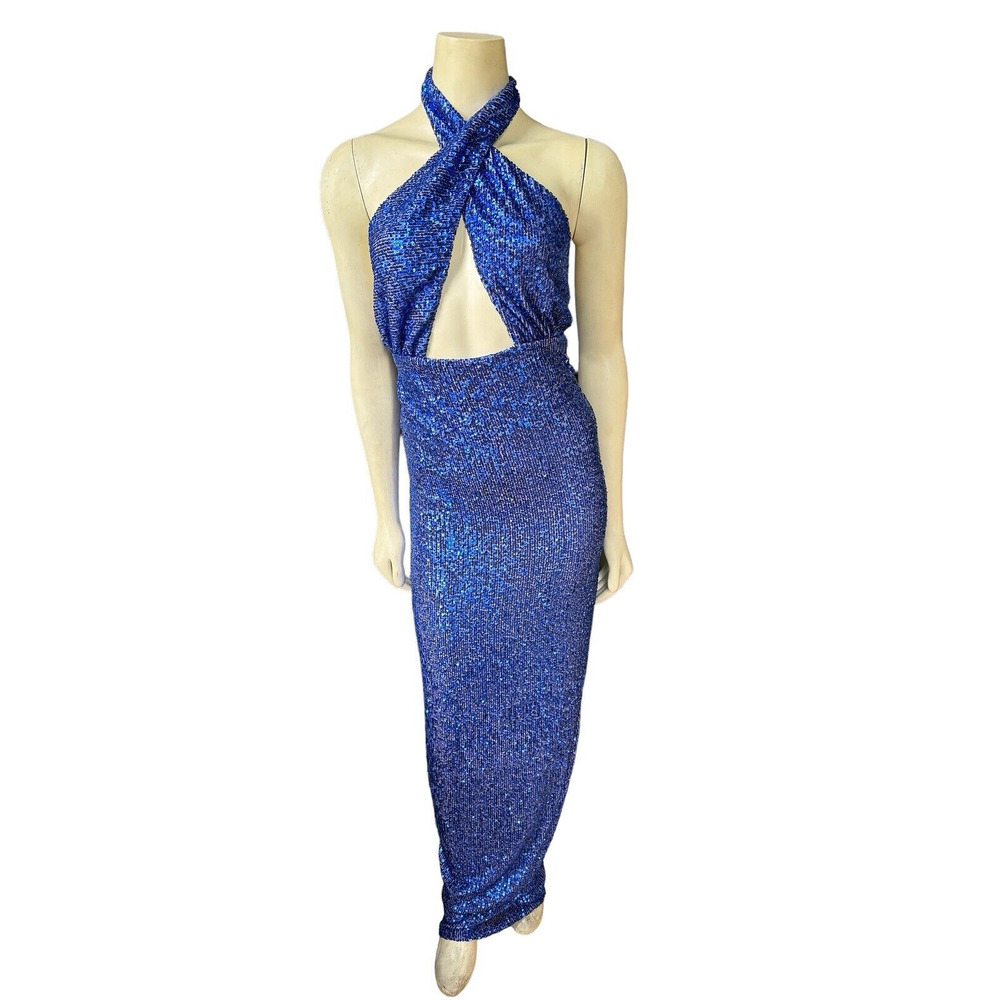 Ronny Kobo Blue Sequin Crossed Halter Formal Zack Dress Prom Gala Small S 4